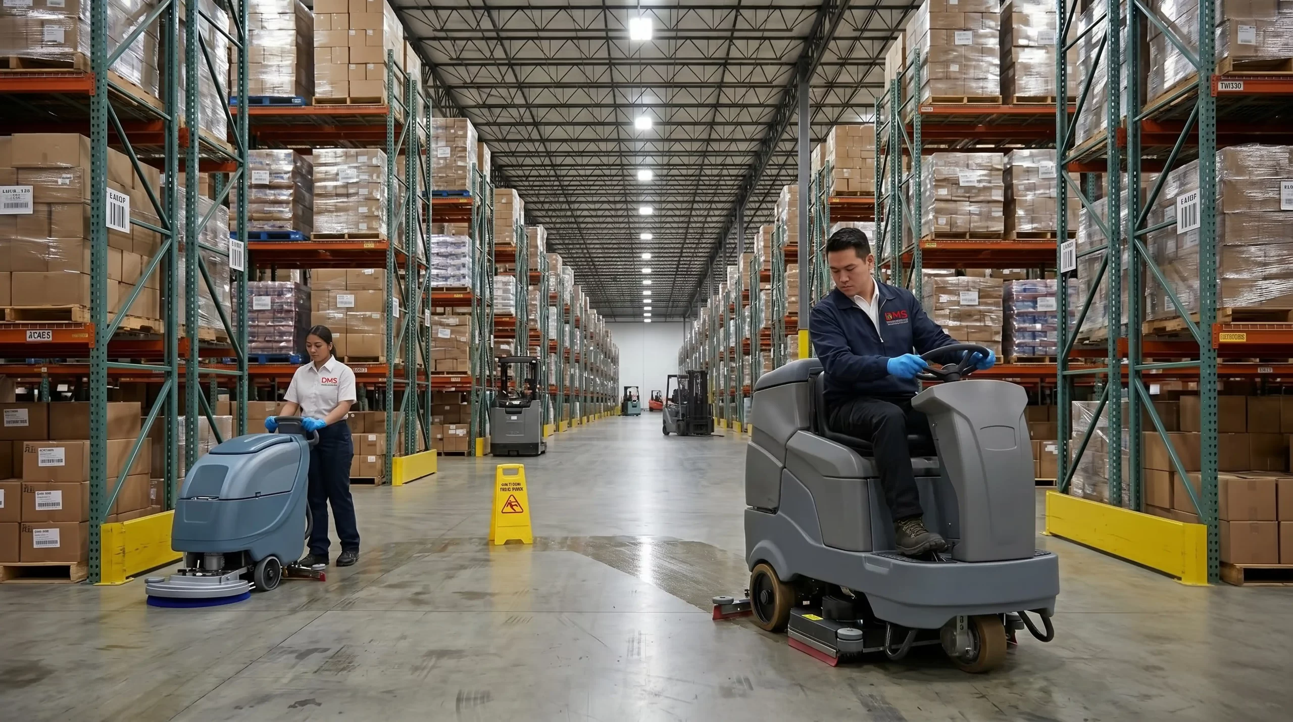 DMS team scrubbing a warehouse floor with a ride-on floor scrubber