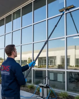 DMS technician cleaning the exterior windows of a commercial building