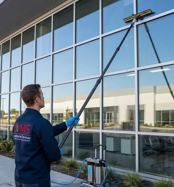 DMS technician cleaning the exterior windows of a commercial building