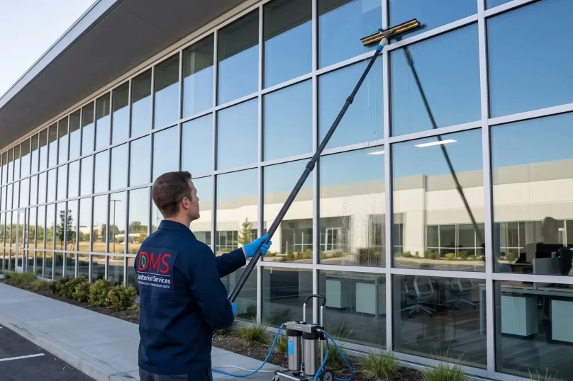 DMS technician cleaning the exterior windows of a commercial building