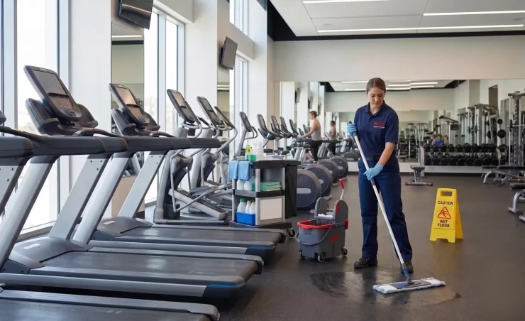 DMS janitor mopping a gym floor beside the treadmills