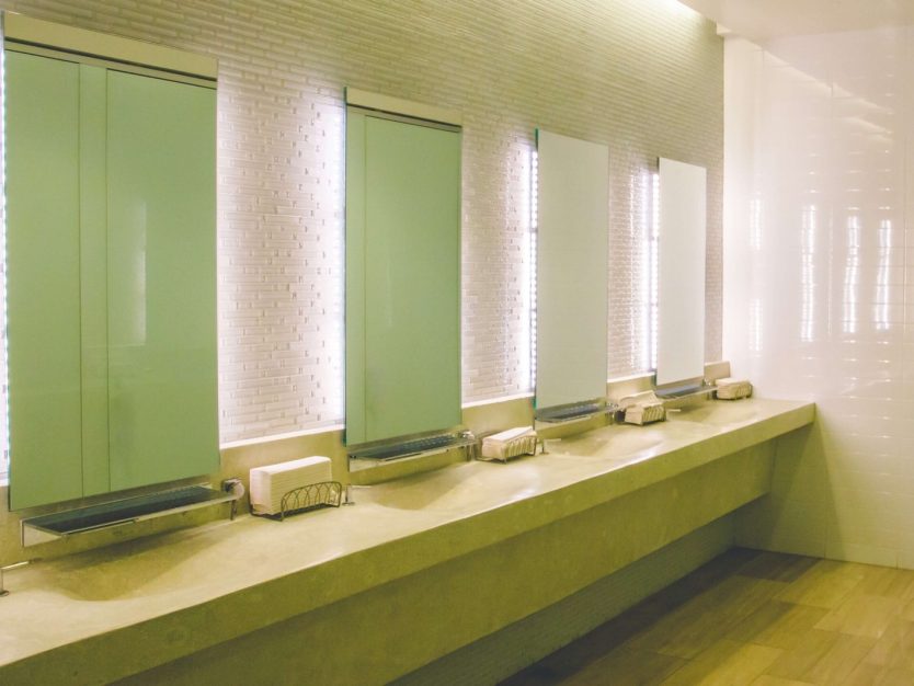 workplace-restroom-cleaning Clean commercial restroom with sinks and mirrors