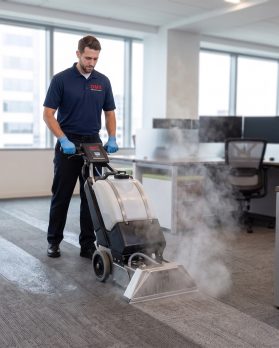 Technician shampooing commercial carpet with a hot-water carpet extractor