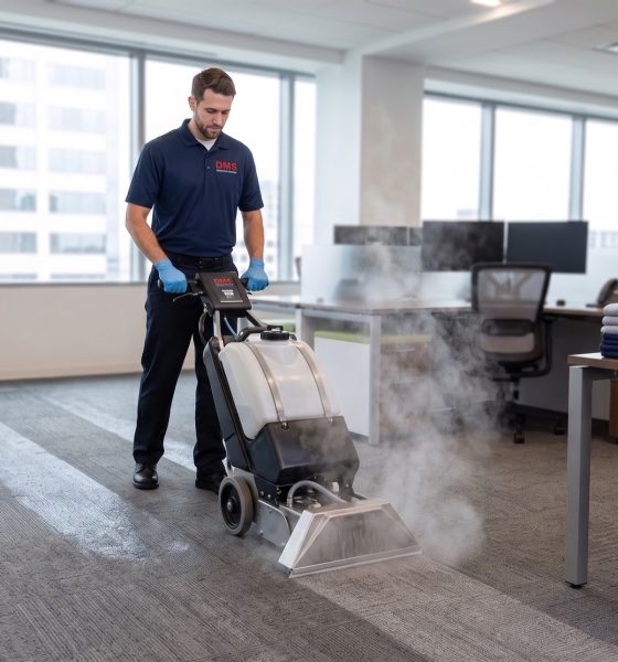 Technician shampooing commercial carpet with a hot-water carpet extractor