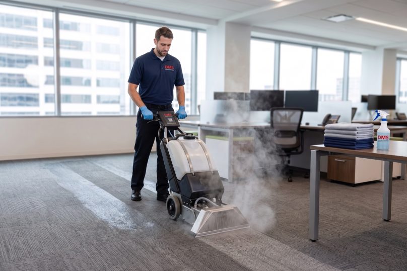 Technician shampooing commercial carpet with a hot-water carpet extractor