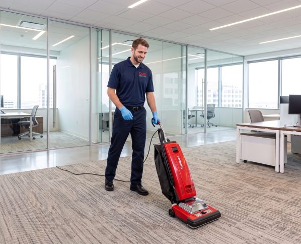 DMS janitor vacuuming office carpet with a red commercial upright vacuum