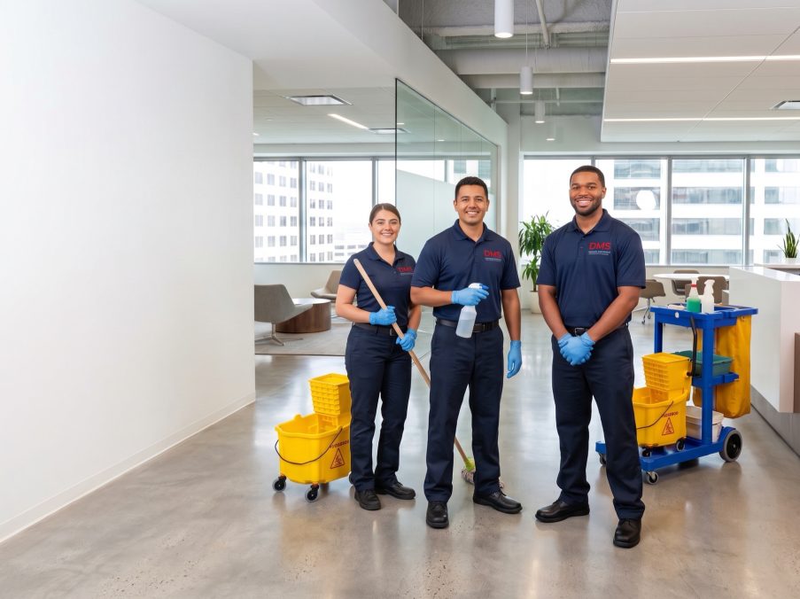 DMS Janitorial cleaning team in a modern office